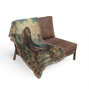 Bigfoot Woven Throw Blanket — Vintage Sasquatch Woodland Tapestry