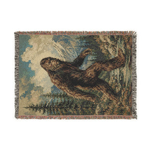 Bigfoot Woven Throw Blanket — Vintage Sasquatch Woodland Tapestry