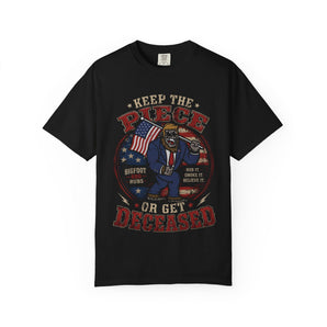 Keep the Peace or Get Deceased Bigfoot T‑Shirt — Patriotic Vintage Graphic Tee